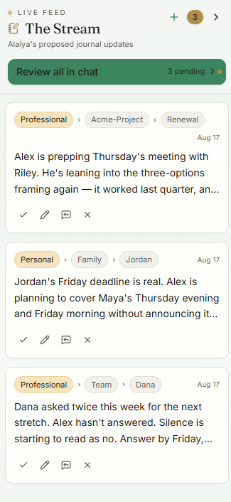 The Stream showing proposed journal updates awaiting approval