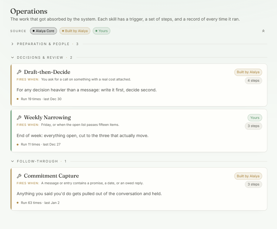 Operations screen showing skills grouped by category with triggers, steps and run history