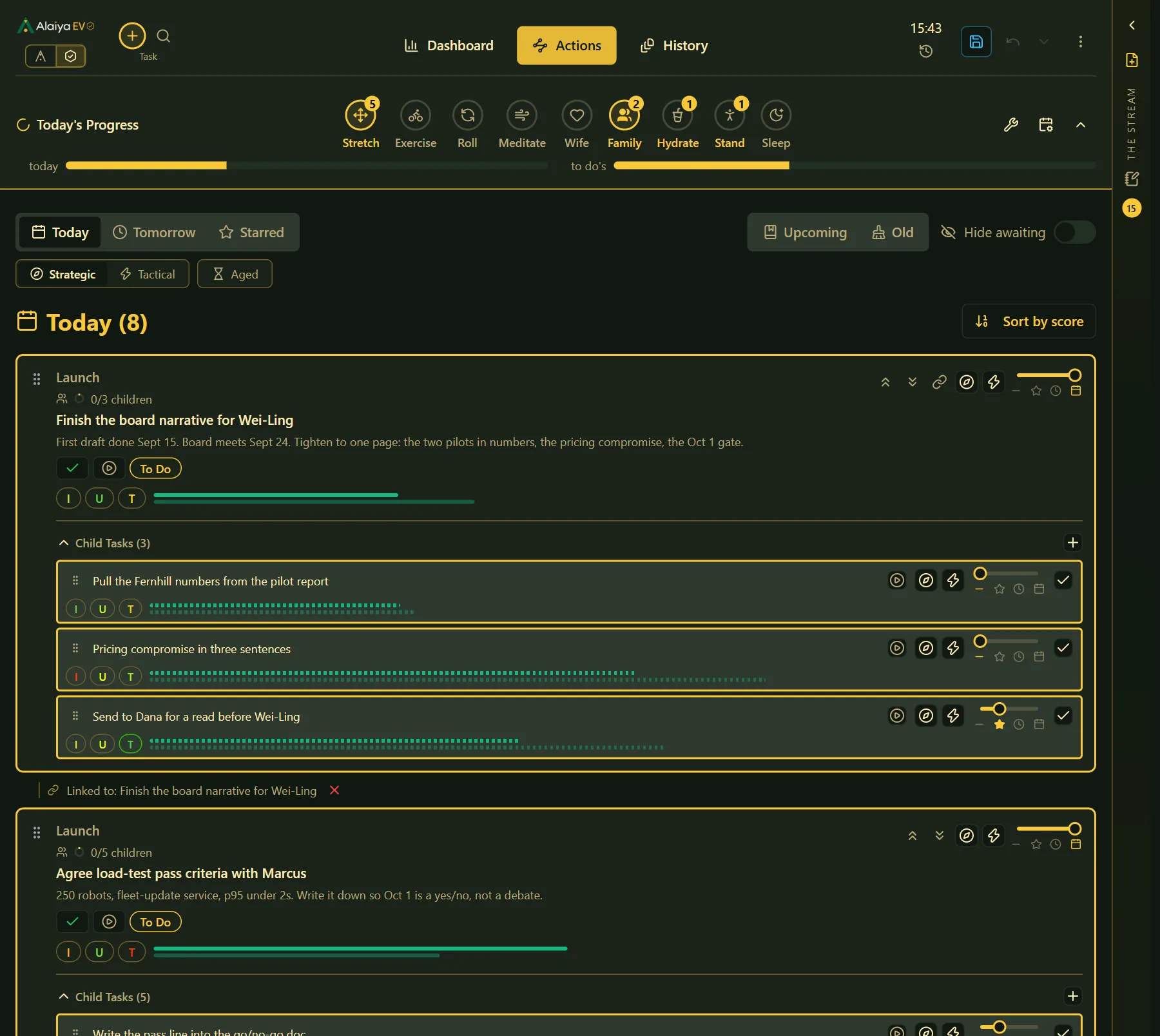 The Actions tab: today and tomorrow on separate rungs, with strategic and tactical views