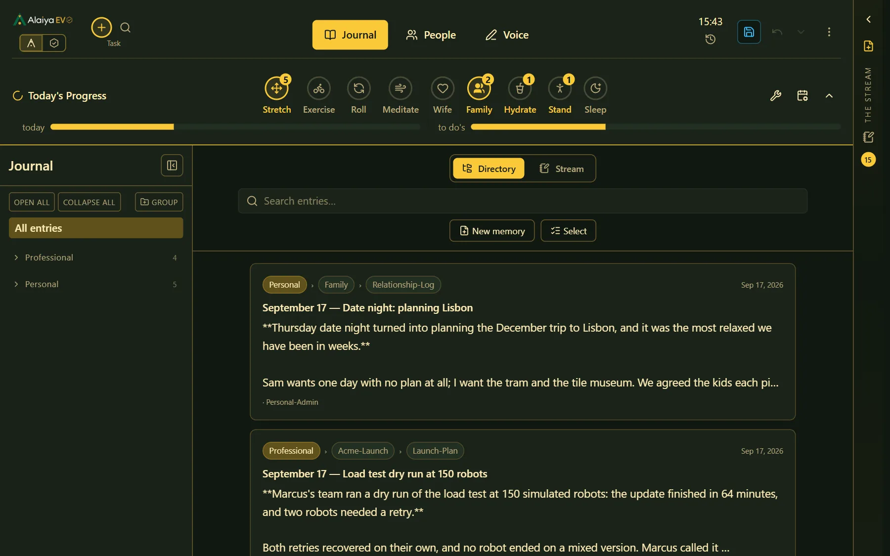 The journal: groups, threads and dated entries across work and life