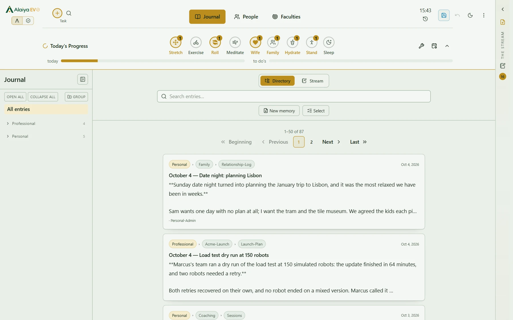 The journal: groups, threads and dated entries across personal and professional life