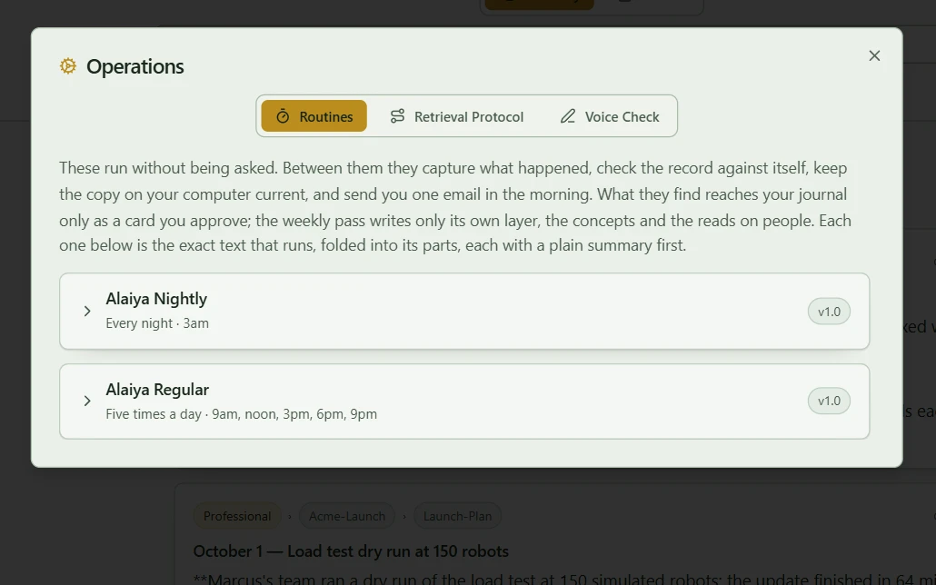The Routines tab in Operations, beside Retrieval Protocol and Voice Check: the nightly pass and the five-a-day capture, each with a plain summary