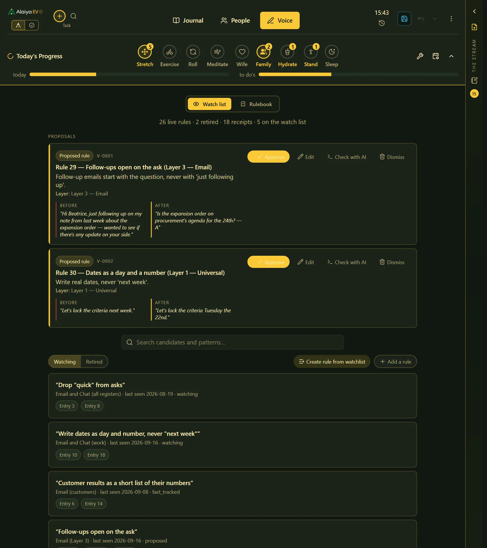 The writing rulebook: approved rules in layers, each backed by the edits that earned it